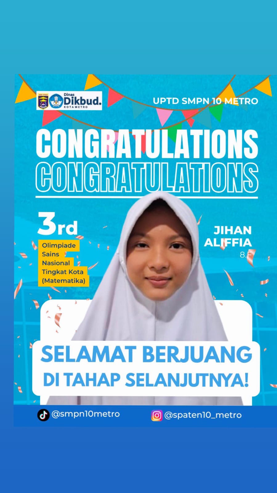 Jihan Aliffia, Siswi SMPN 10 Metro, Harumkan Nama Kota Metro di OSN-K Matematika
